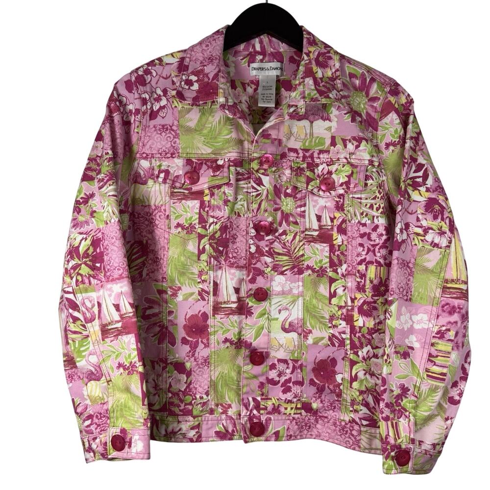 Drapers & Damons Pink Flamingo Palms Jacket Women's Large Florida Tropical Beach